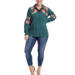 ABU 3X Green Floral Embroidered Button Down Plus